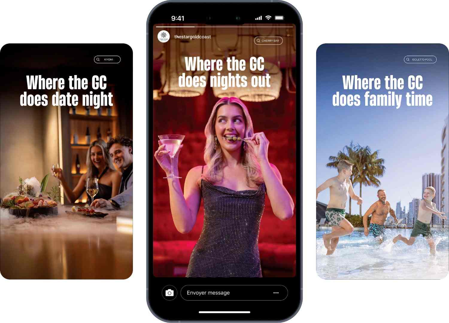 Promotional images showcasing vibrant nightlife and family activities in the Gold Coast.