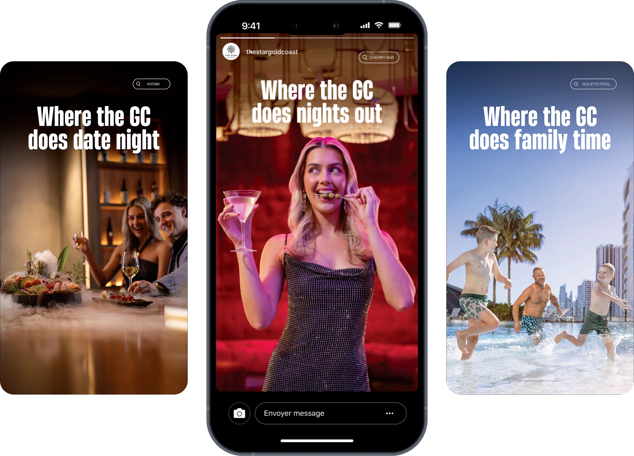 Promotional images showcasing vibrant nightlife and family activities in the Gold Coast.