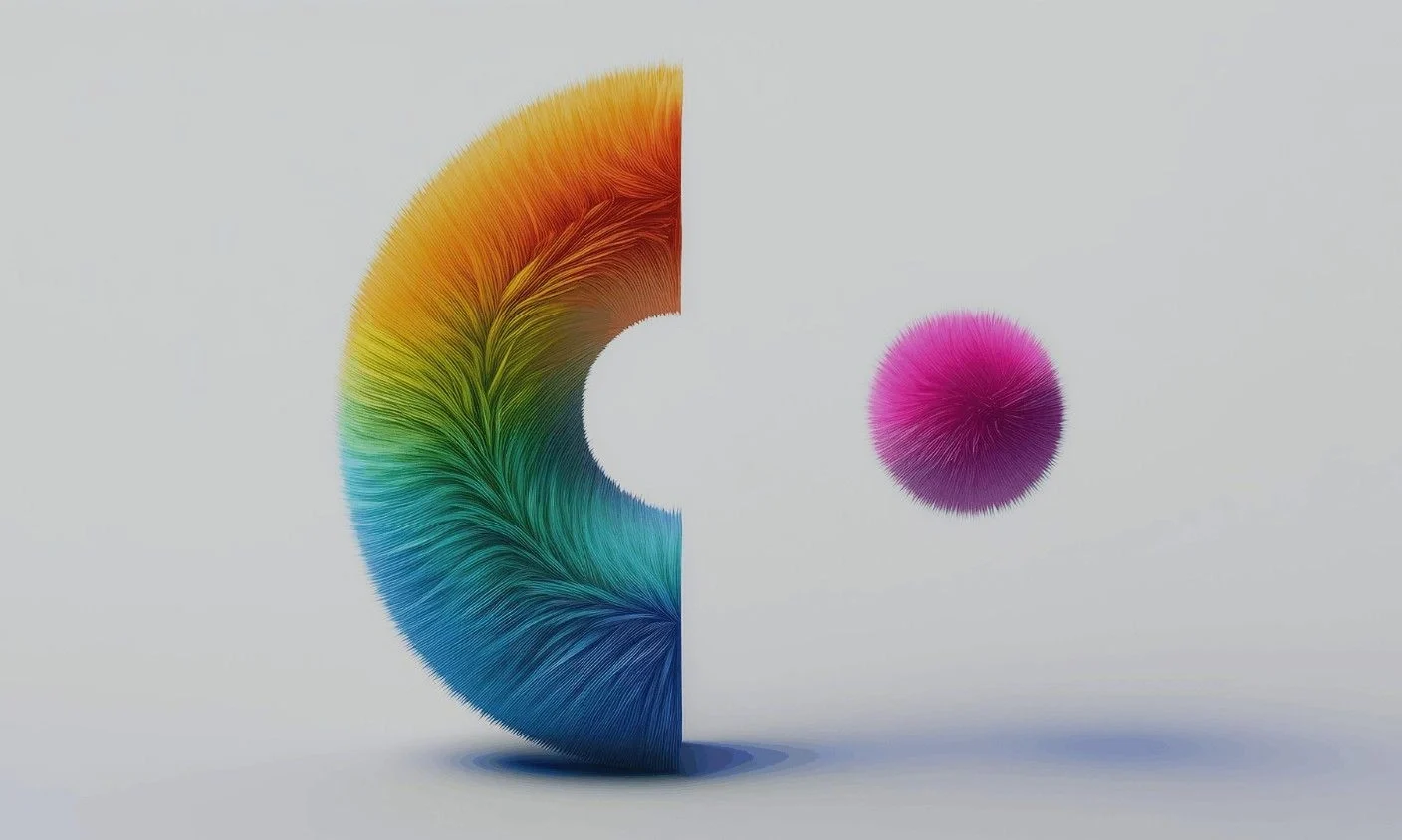 Colorful 3D letter C with textured fur and a pink sphere, representing Creative Outpost's innovative brand identity.